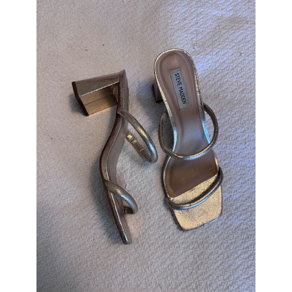 Steve Madden Leah Gold Metallic Block Heel Square Toe Slide Sandal Mules 9M